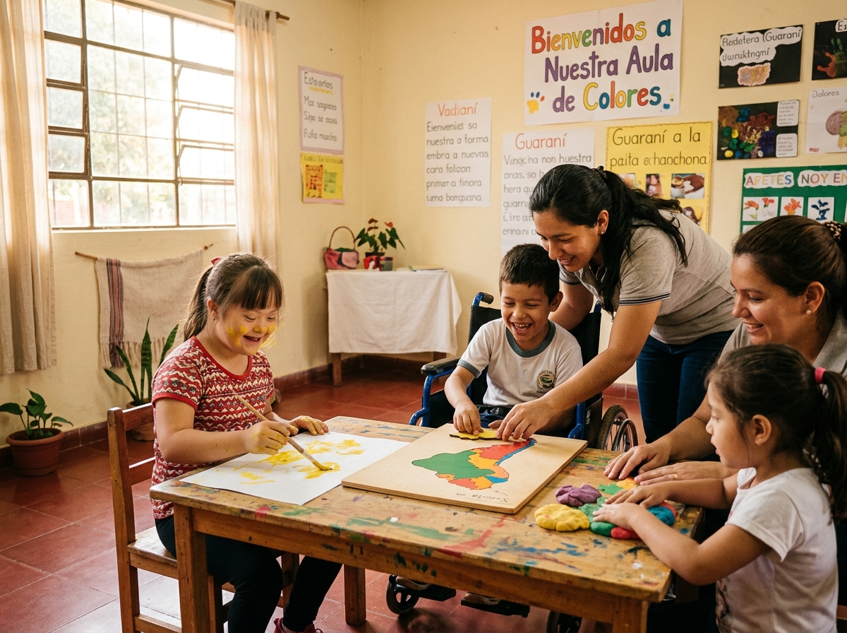 Niños y docentes en el aula de colores del Centro Amor y Esperanza